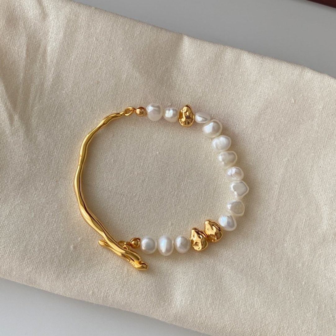 Pearl Accent Open Bracelet with Sculptural Contrast Design
