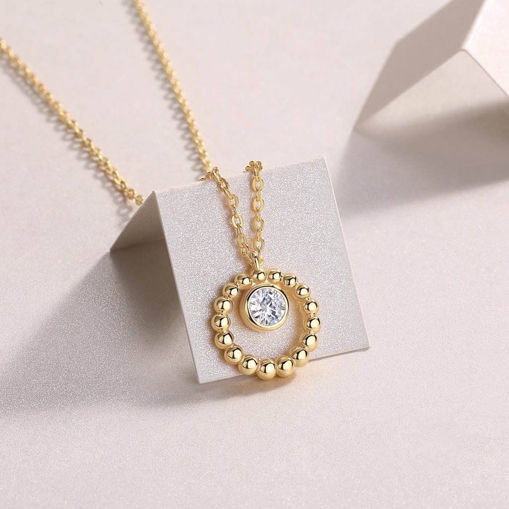 Gold Beaded Circle Necklace with Solitaire Crystal