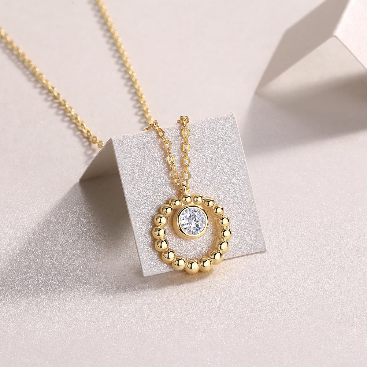 Gold Beaded Circle Necklace with Solitaire Crystal
