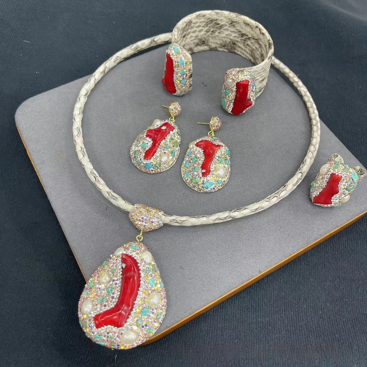 New Genuine Leather Snakeskin Jewelry Set
