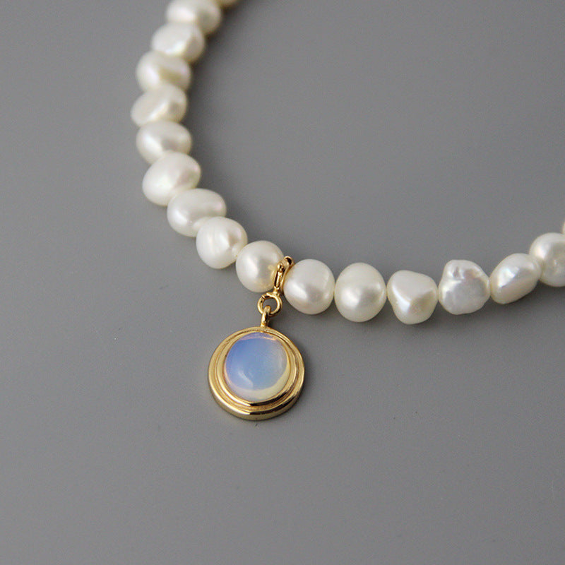 Pearl Choker Necklace with Gold Moonstone Pendant