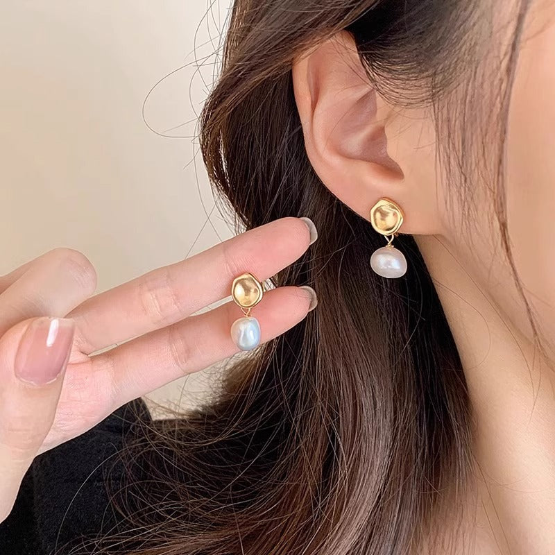 Gold Irregular Stud Earrings with Pearl Drop
