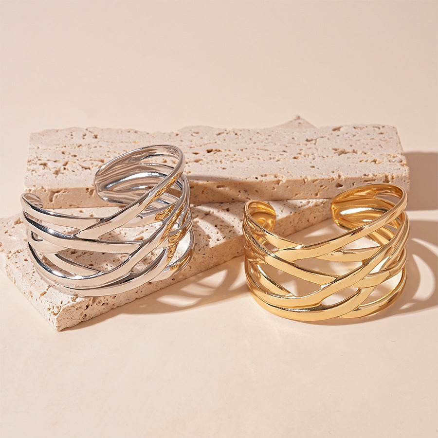 Interwoven Open Cuff Bracelet with Bold Layered Design