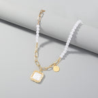 Gold Chain & Pearl Necklace with Square Pearl Pendant – Elegant Modern Statement Jewelry