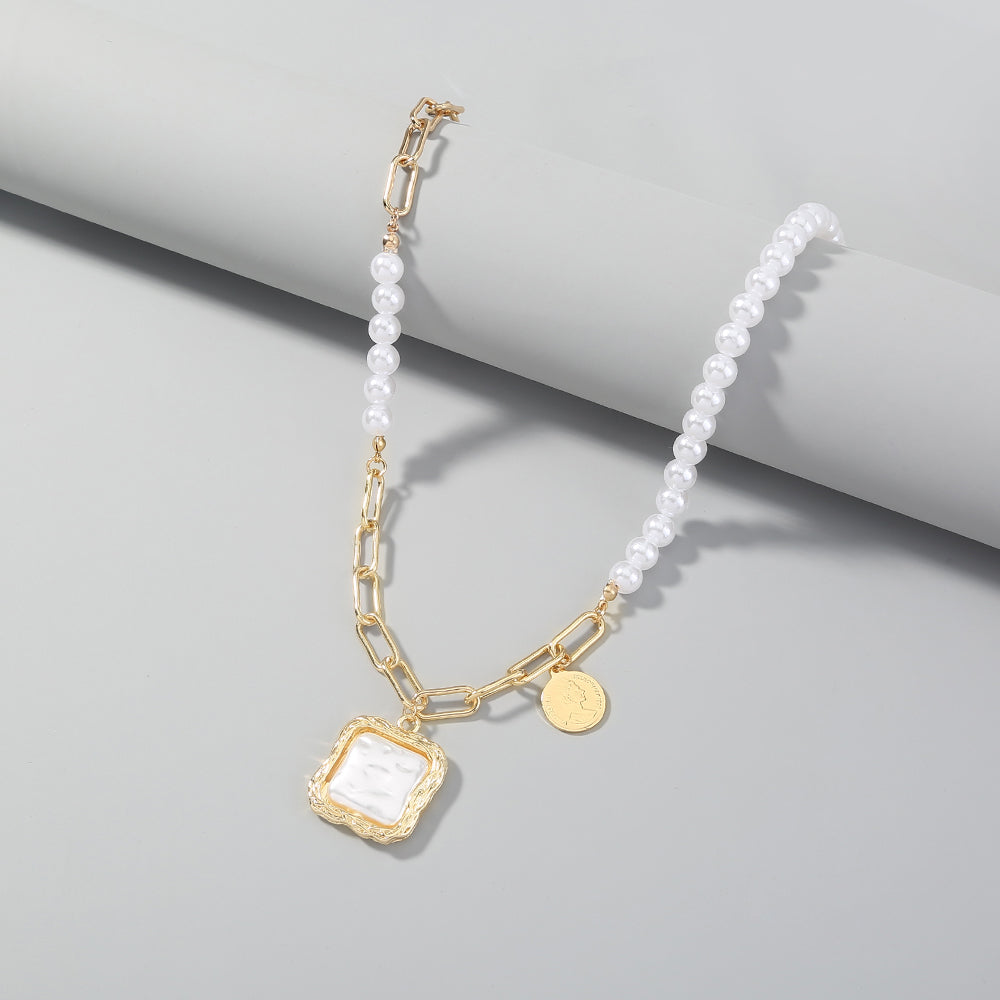 Gold Chain & Pearl Necklace with Square Pearl Pendant – Elegant Modern Statement Jewelry