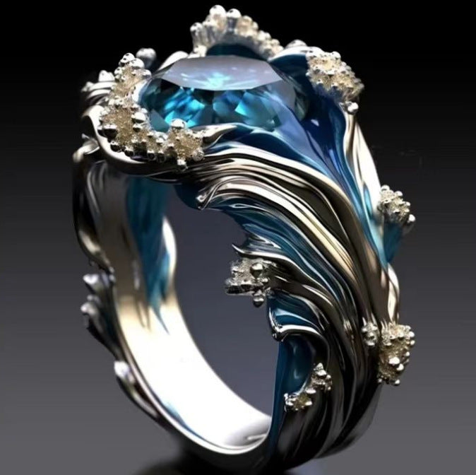 Krystal Crafts Handcrafted Ocean Crest Sapphire Flow Statement Adjustable Ring