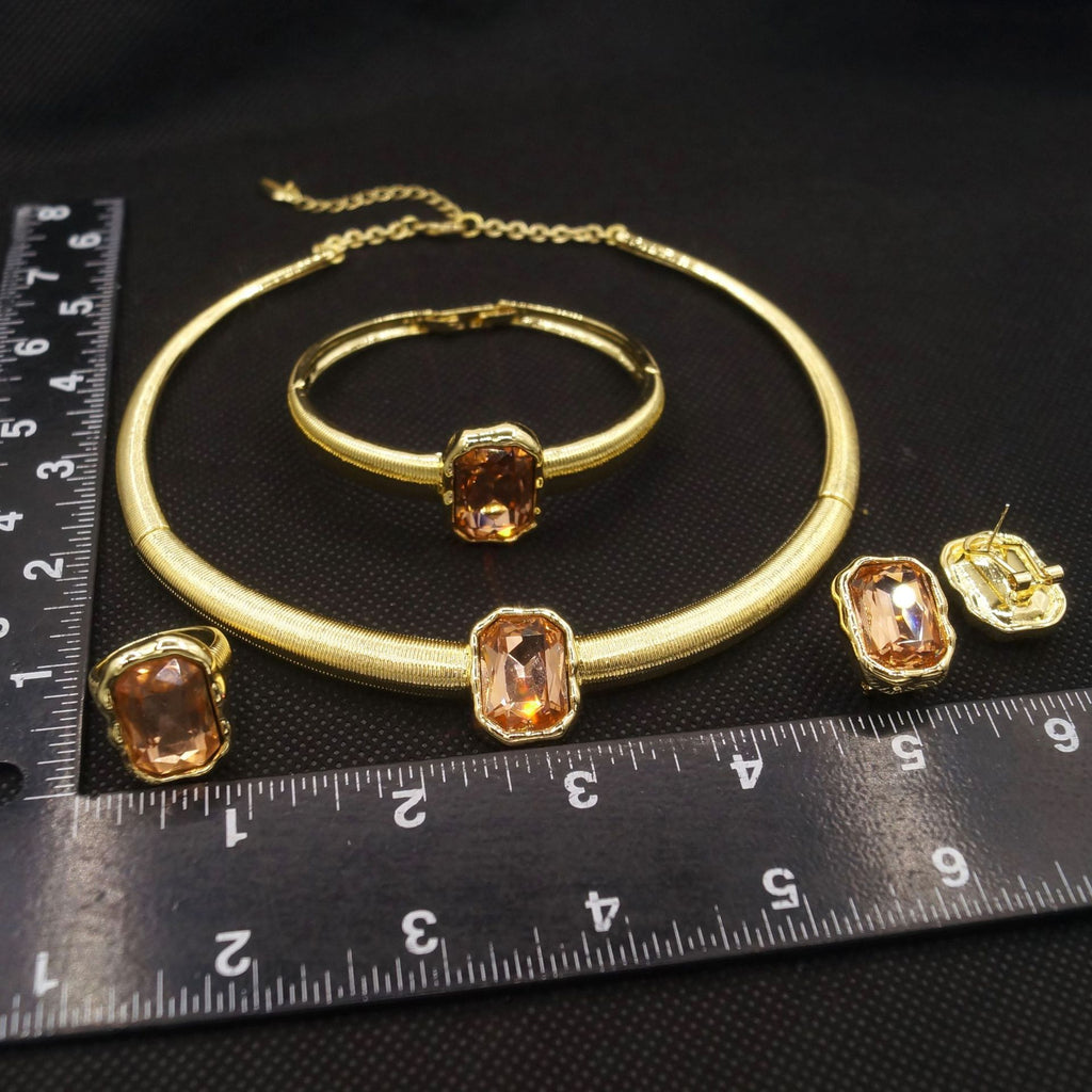 Gold Color Block Jewelry Set with Amber Stone