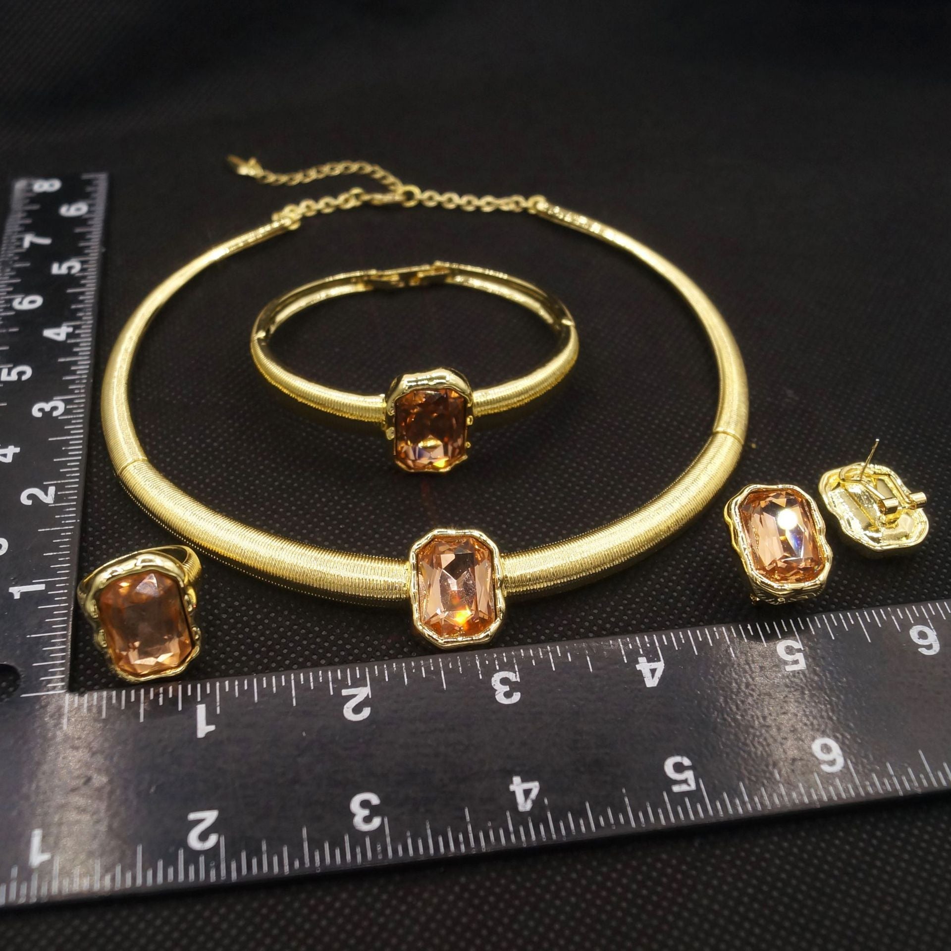 Gold Color Block Jewelry Set with Amber Stone