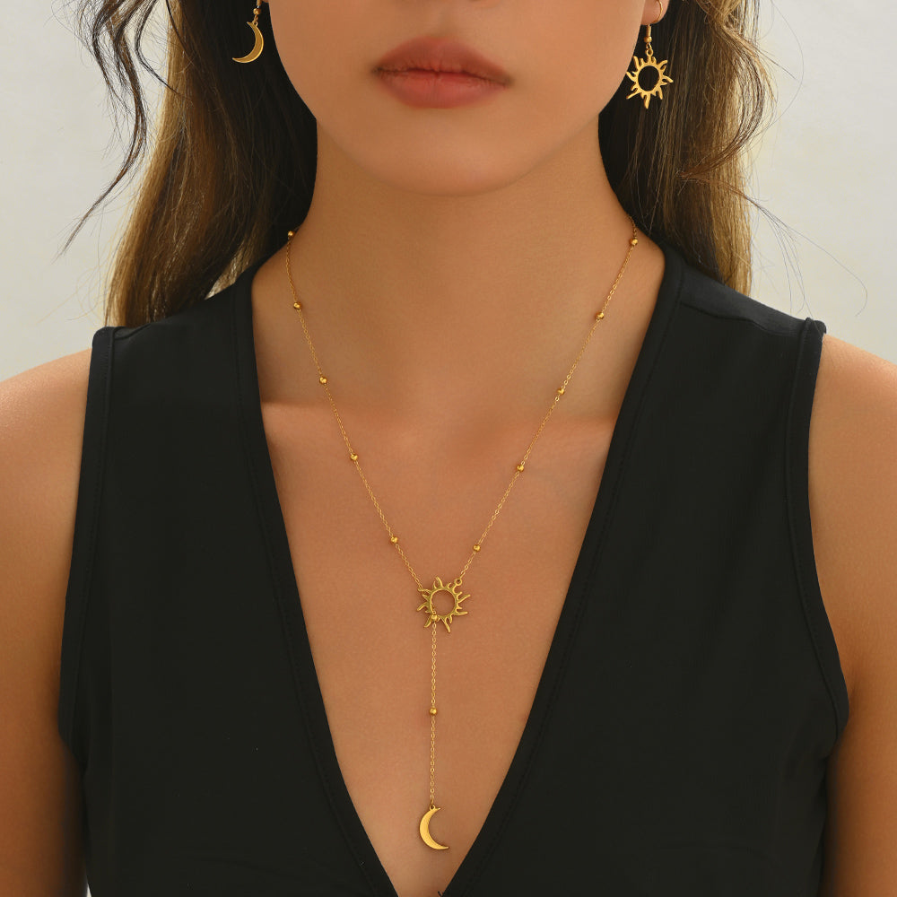 Celestial Sun & Moon Necklace with Matching Earrings