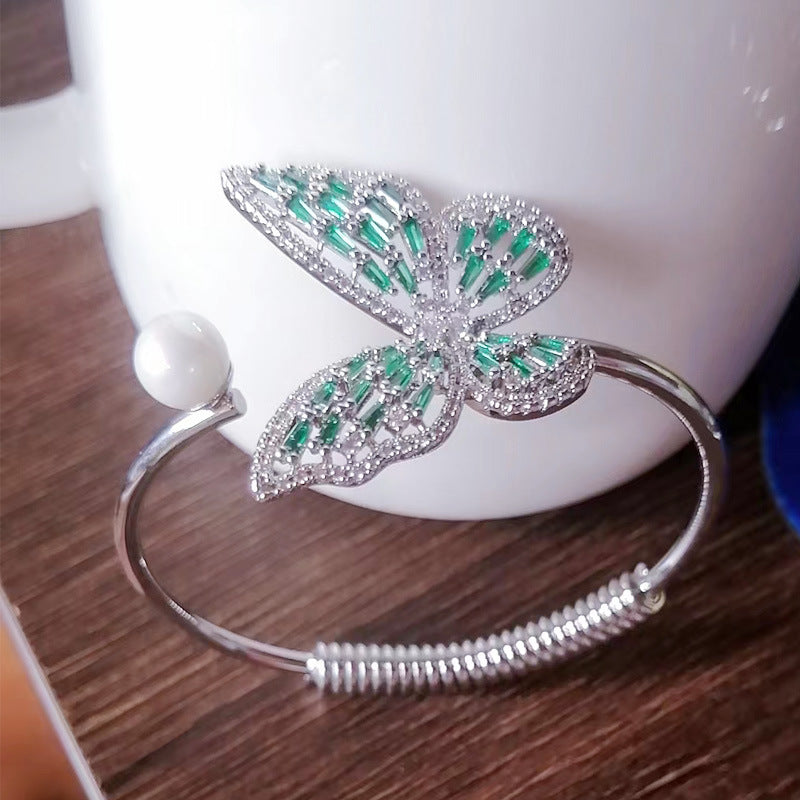 Butterfly Motif Open Cuff Bracelet with Delicate Crystal Detail