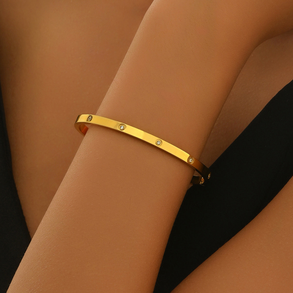 Minimalist Gold-Tone Bangle Bracelet with Crystal Accents