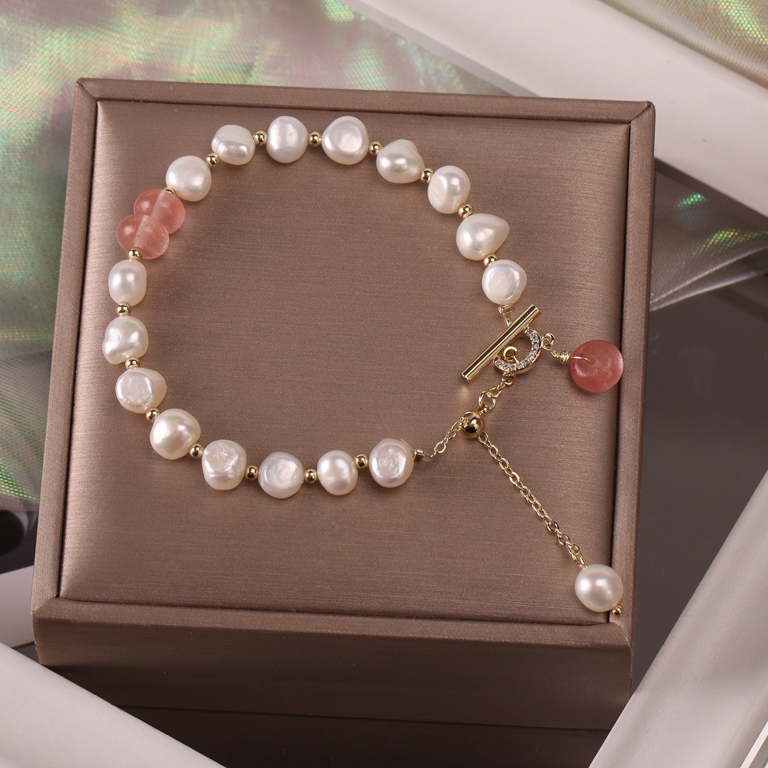 Elegant Freshwater Pearl Bracelet with Green Accent Charm