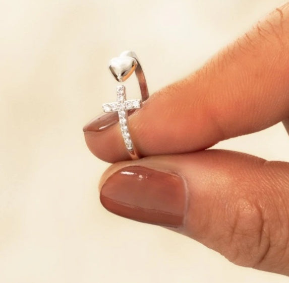 Elegant Heart & Cross Adjustable Ring in Sterling Silver