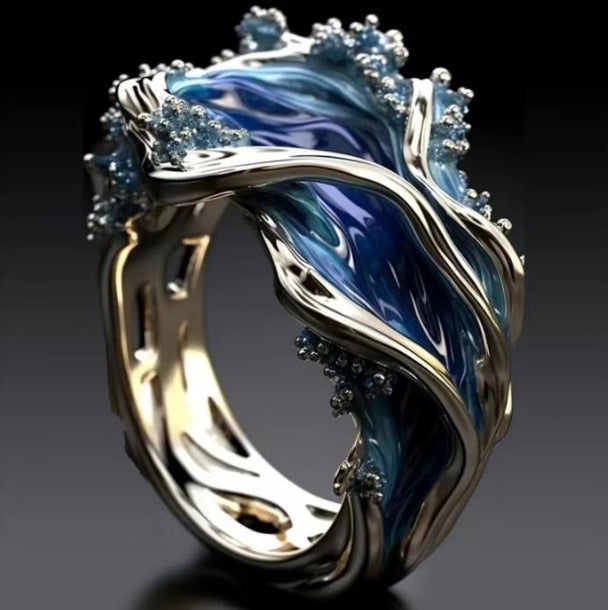 Krystal Crafts Handcrafted Ocean Crest Sapphire Flow Statement Adjustable Ring