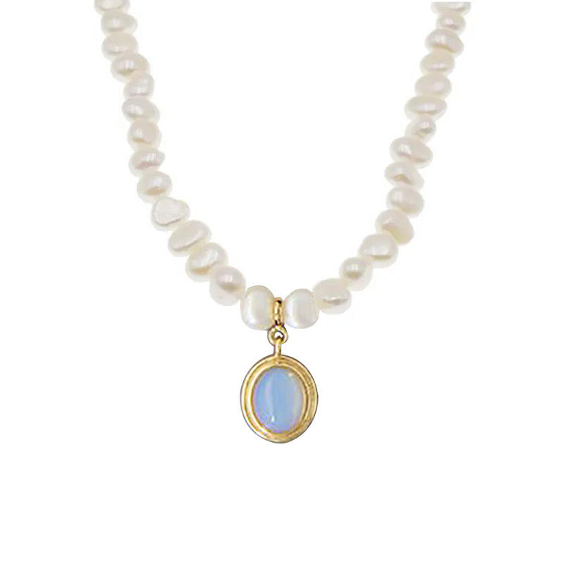 Pearl Choker Necklace with Gold Moonstone Pendant