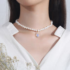 Pearl Choker Necklace with Gold Moonstone Pendant