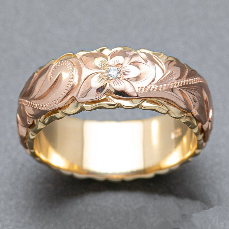 Krystal Crafts Two-Tone Floral Engraved Diamond Band Ring
