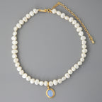 Pearl Choker Necklace with Gold Moonstone Pendant
