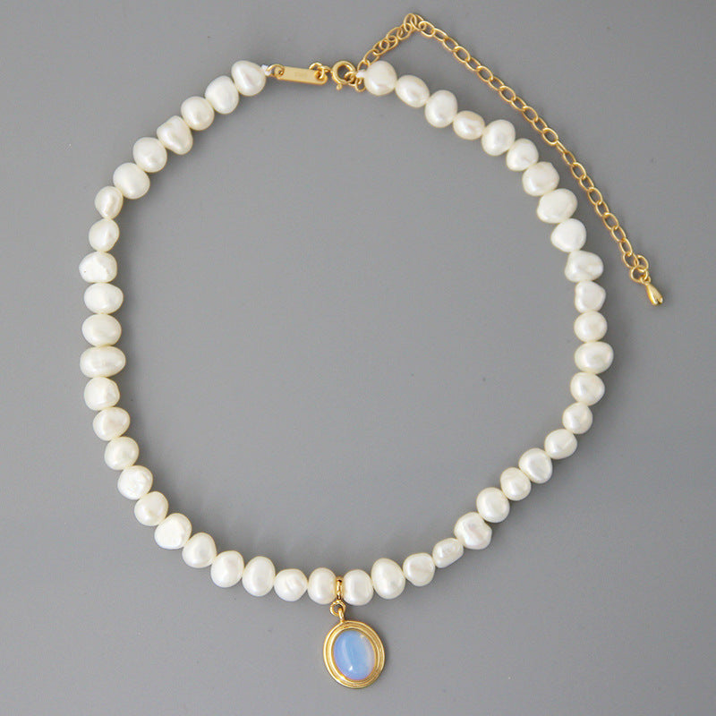 Pearl Choker Necklace with Gold Moonstone Pendant
