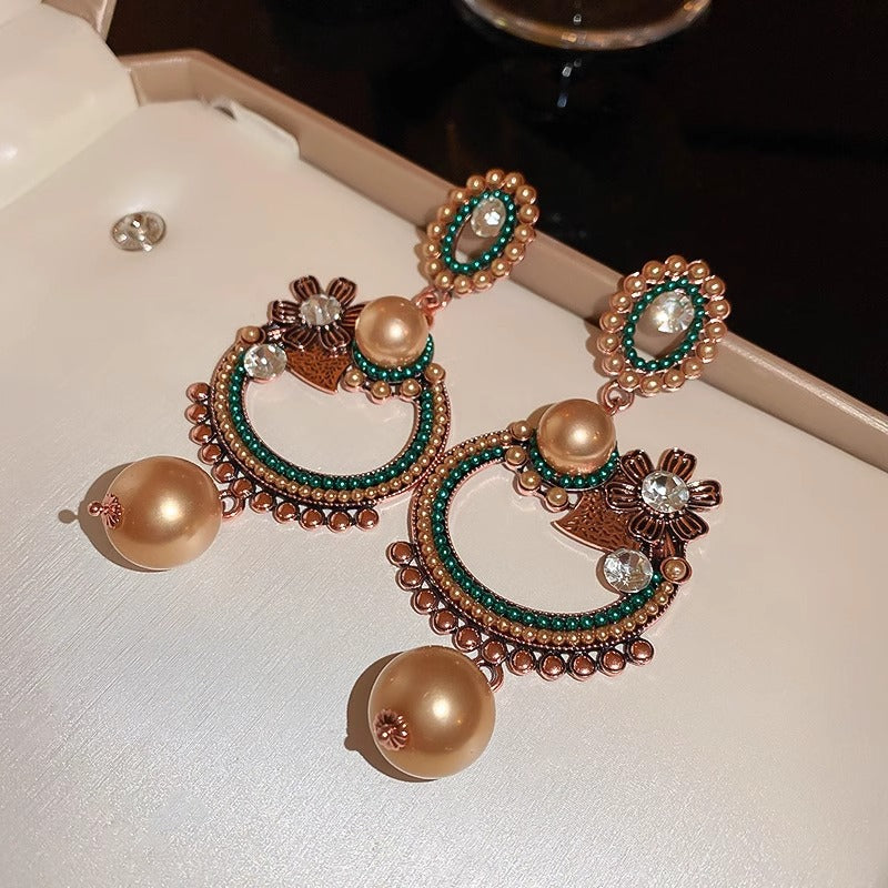 Vintage Pearl Drop Earrings with Crystal & Floral Details