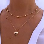 Layered Gold Heart Necklace – Double Chain Beaded Pendant Necklace