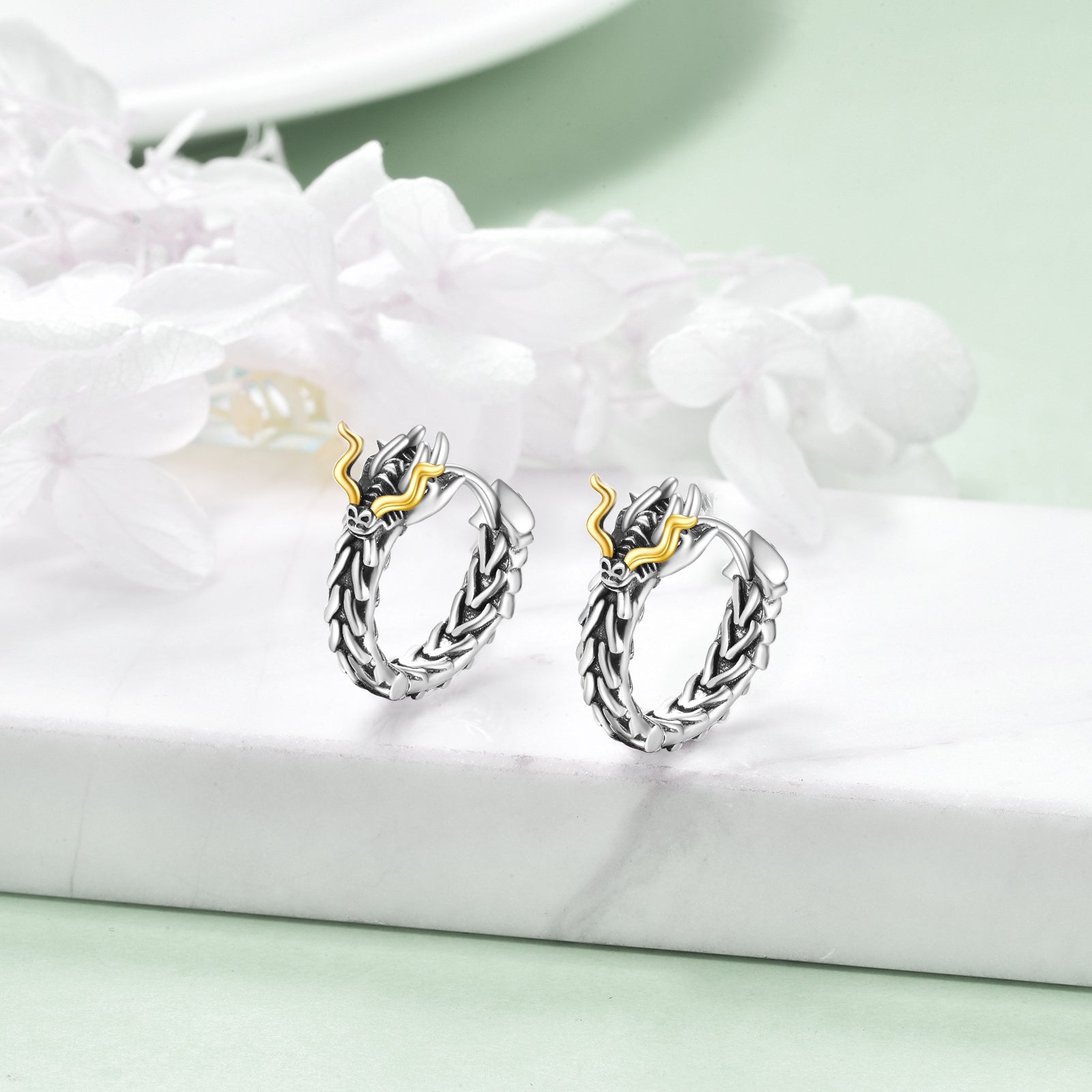 Sterling Silver Dragon Hoop Huggie Earrings