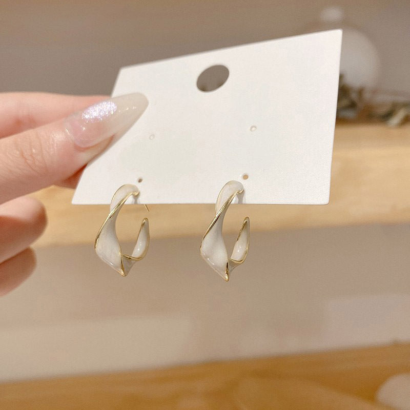 Geometric C-Shape Milky White Enamel Hoop Earrings