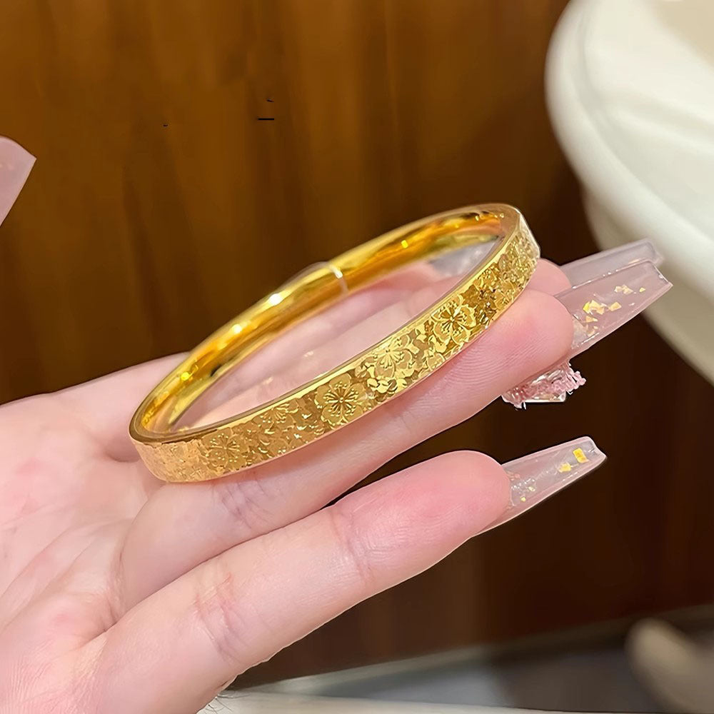 Floral Engraved Slim Bangle Bracelet with Delicate Patterning