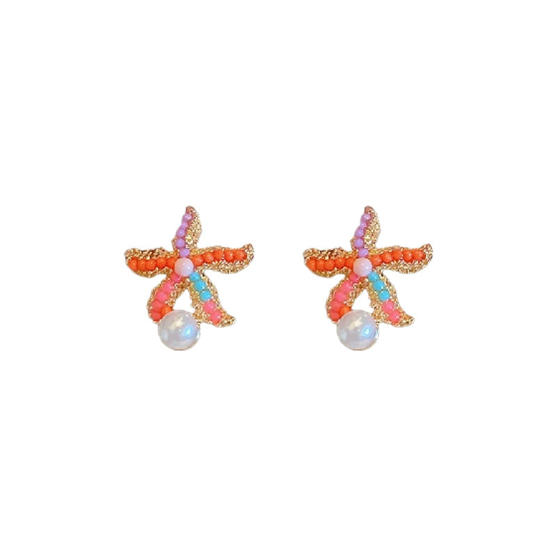 Colorful Starfish Stud Earrings with Pearl Drop