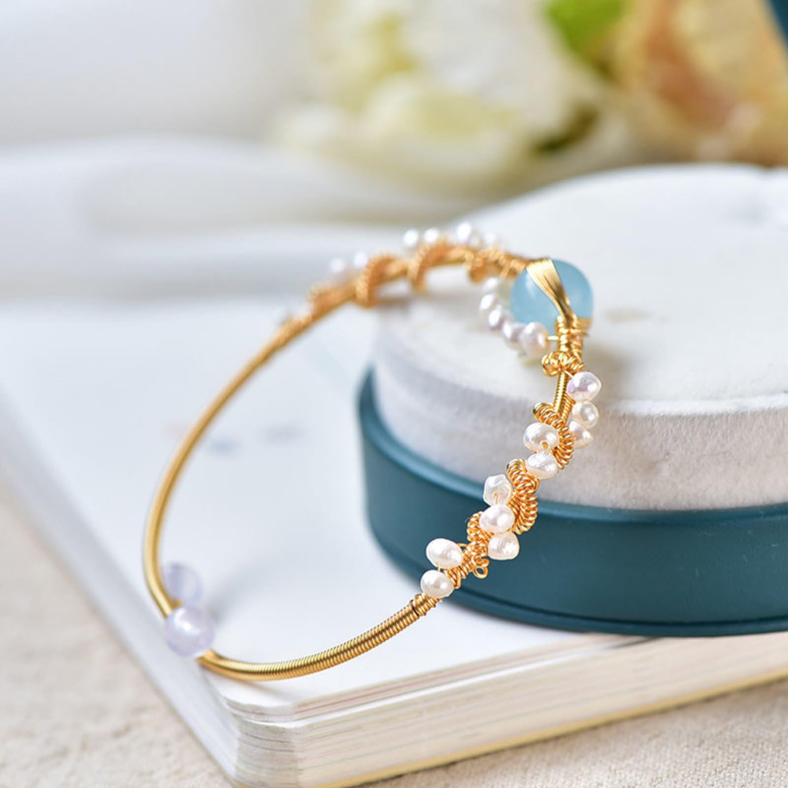 Elegant Pearl Cuff Bracelet with Center Gemstone Detail