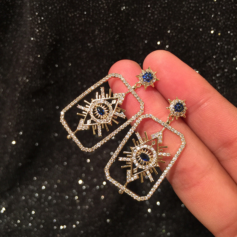 Blue Sunburst Eye Geometric Drop Earrings