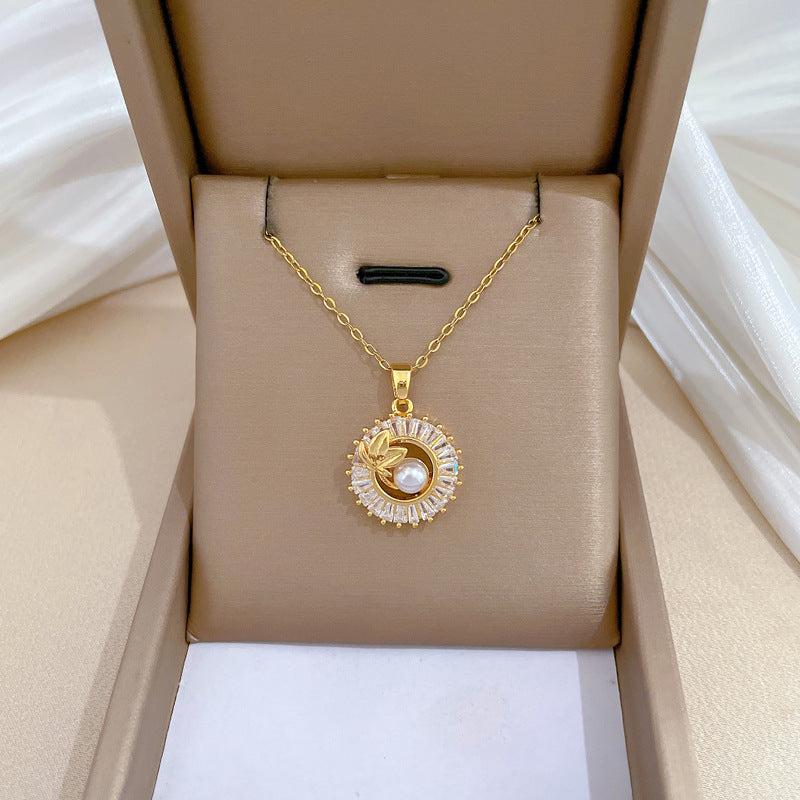 Gold Crystal Sun Pendant Necklace with Pearl Center