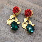 Rose Drop Earrings with Leaf Details & Faceted Gemstone