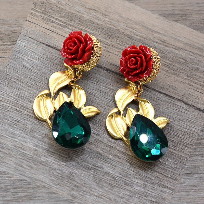 Rose Drop Earrings with Leaf Details & Faceted Gemstone