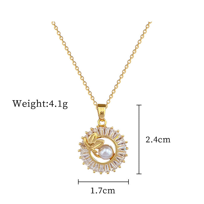 Gold Crystal Sun Pendant Necklace with Pearl Center