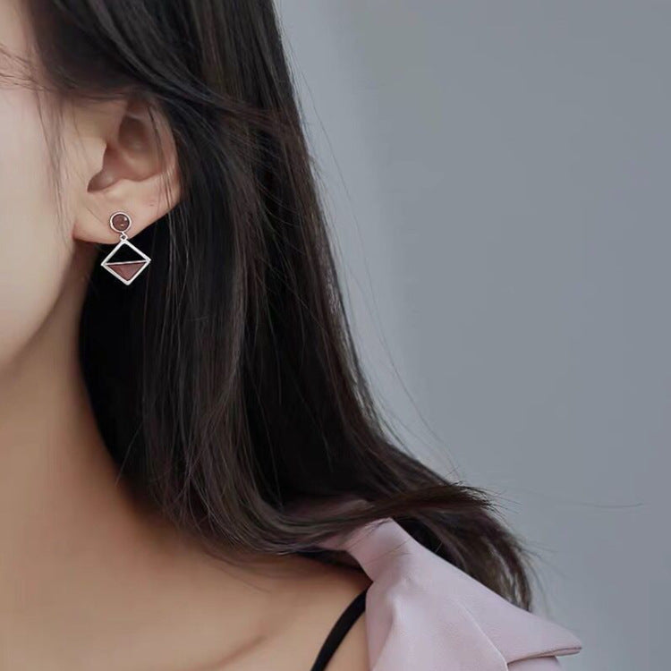 Modern Geometric Drop Earrings with Wood-Inspired Accents