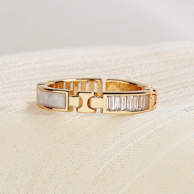 Modern Geometric Gold Link Adjustable Ring with Baguette Accents