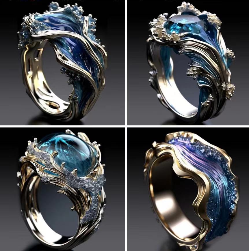 Krystal Crafts Handcrafted Ocean Crest Sapphire Flow Statement Adjustable Ring