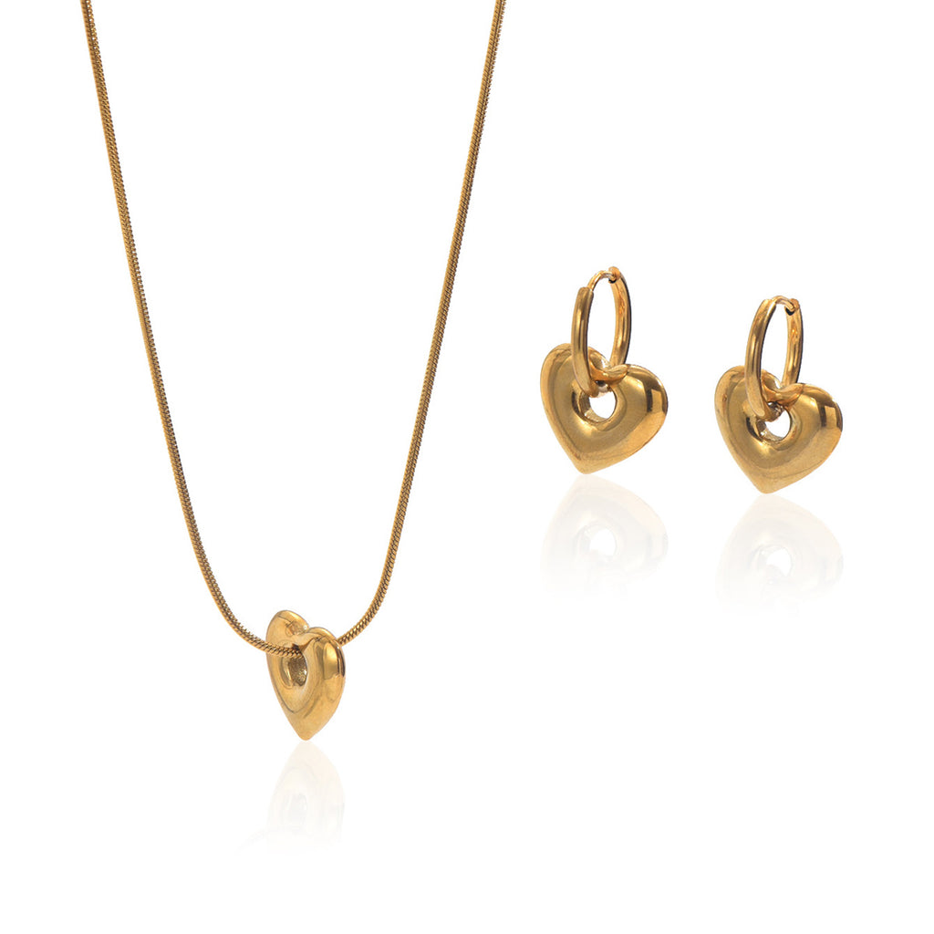 Minimal Heart Pendant Necklace & Hoop Earring Set