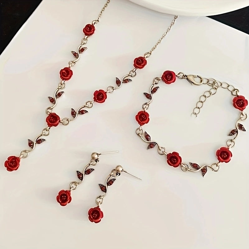 Luxury Romantic Red Rose Jewelry Set