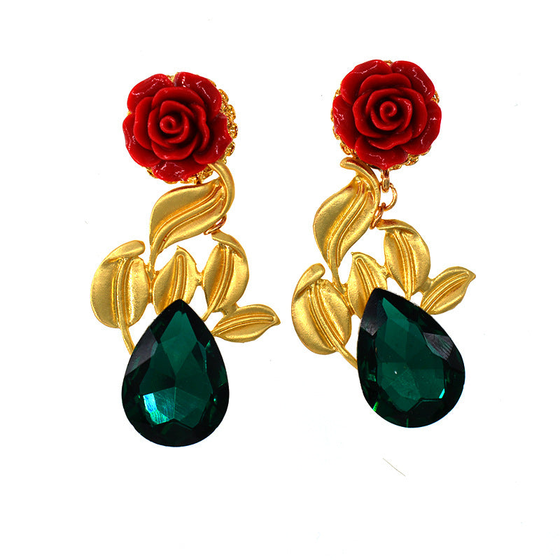 Rose Drop Earrings with Leaf Details & Faceted Gemstone
