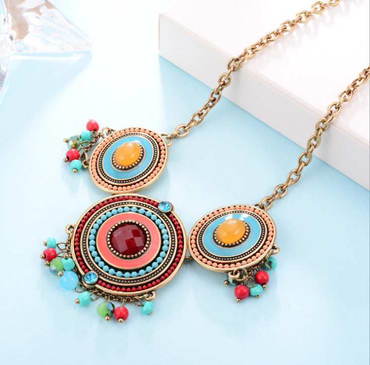 Bohemian Medallion Necklace with Colorful Beads & Vintage Detail