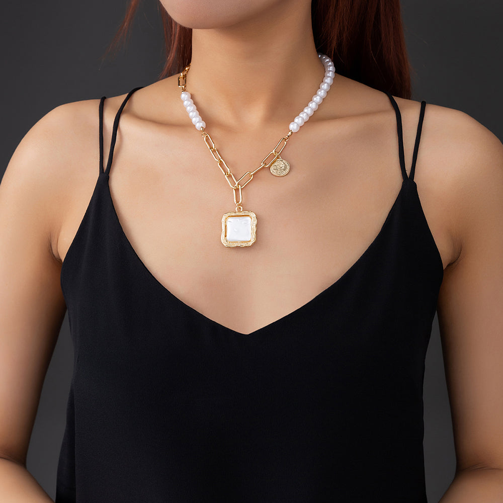 Gold Chain & Pearl Necklace with Square Pearl Pendant – Elegant Modern Statement Jewelry