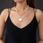 Gold Chain & Pearl Necklace with Square Pearl Pendant – Elegant Modern Statement Jewelry