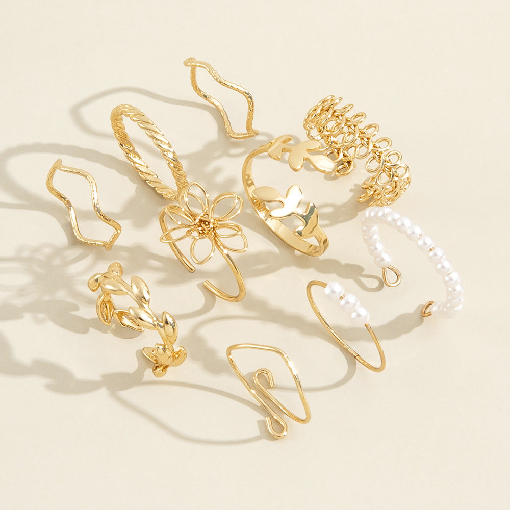 Boho Gold Stacking Ring Set – Floral & Pearl Detail Bands