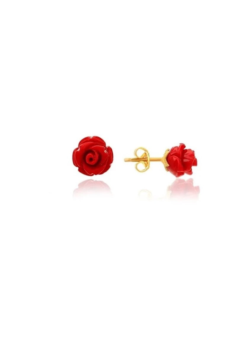 Red Rose Stud Earrings in Gold Tone