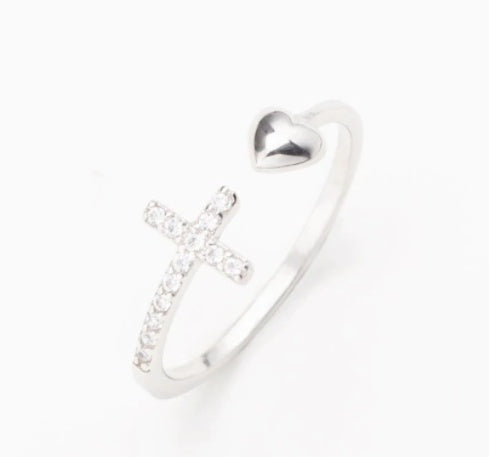 Elegant Heart & Cross Adjustable Ring in Sterling Silver