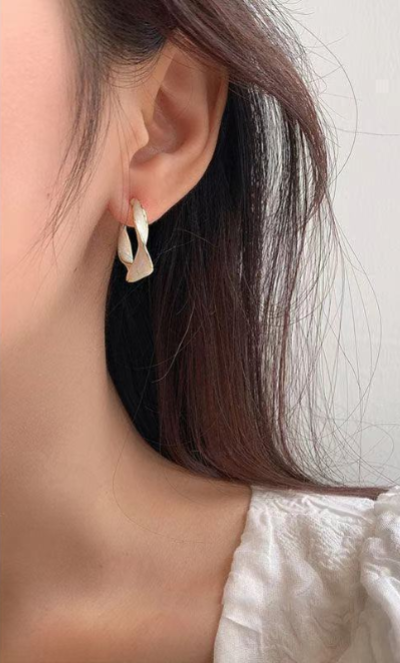 Geometric C-Shape Milky White Enamel Hoop Earrings