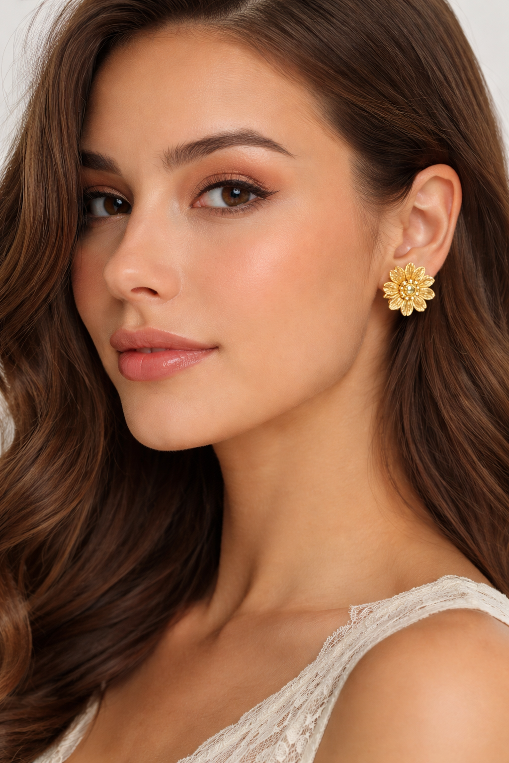 Vintage Gold Flower Stud Earrings with Crystal Center